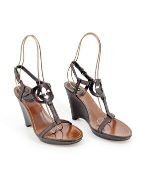 Gucci GG Interlock Cutout Wedge Sandals Size 7.5 Brown Leather Logo Platform